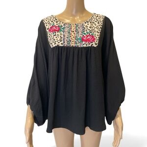 ODDI Black Boho Blouse with Embroidered Floral Detail size M
